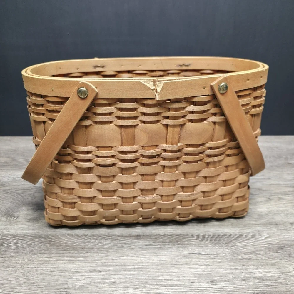 Vintage Double Handled Light Brown Wooden Basket 13x6x9 Rustic Home Decor